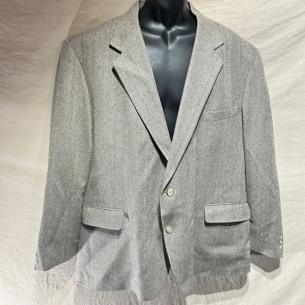 Vintage John H Craigmiles 48R Blazer Grey Herringbone Sport Coat Suit Jacket